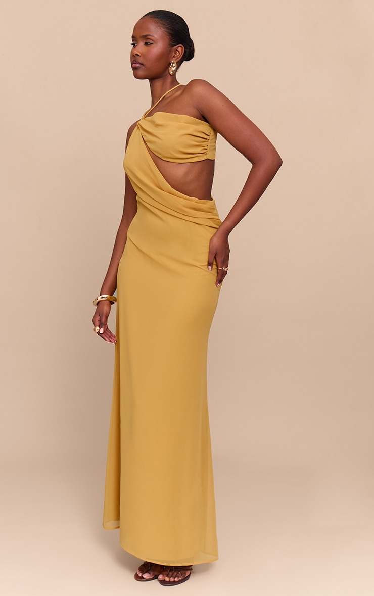 Mustard Chiffon Cut Out Draped Maxi Dress image 3