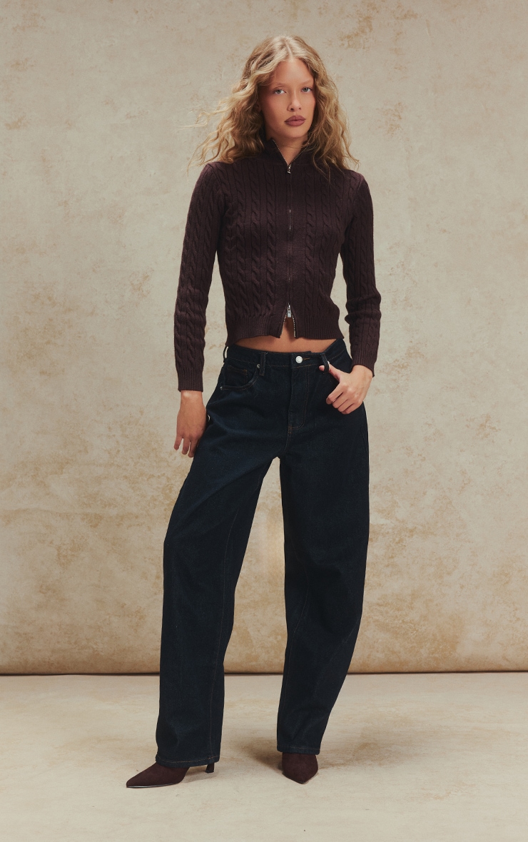 Chocolate Cable Knit Long Sleeve Zip Up Sweater image 3