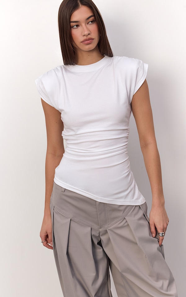 White Cotton Shoulder Detail Asymmetric Hem T-Shirt