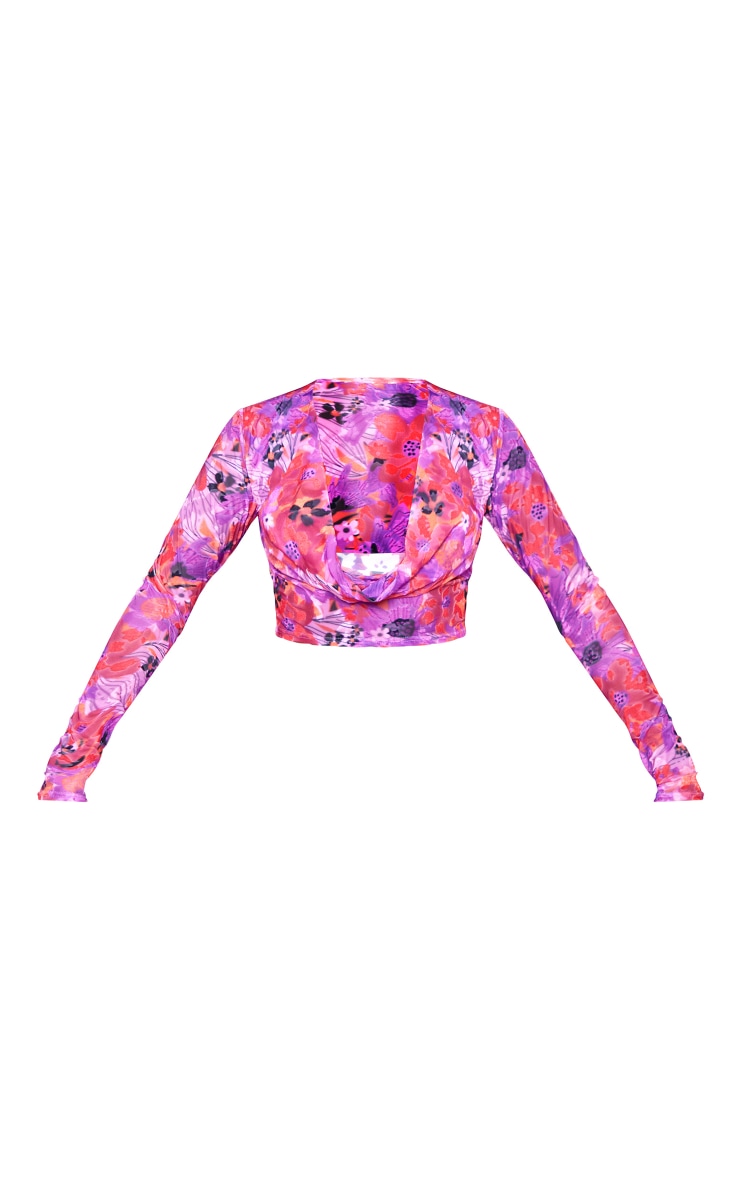 Pink Floral Print Devore Drape Long Sleeve Top image 2