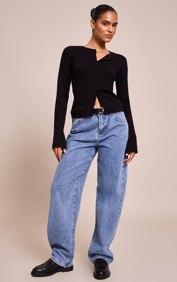 Black Button Through Fine Knit Cardigan image 3