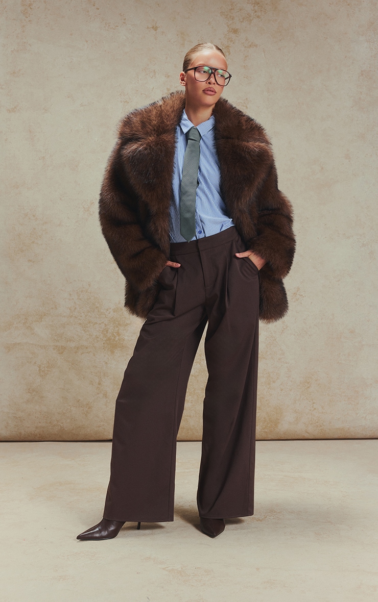 Brown Oversized Midi Faux Fur Coat image 3