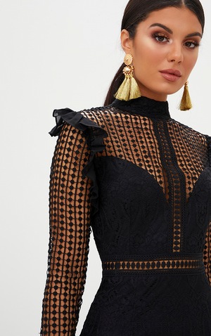 Black Lace Chiffon Frill Detail Bodycon Dress Prettylittlething Usa