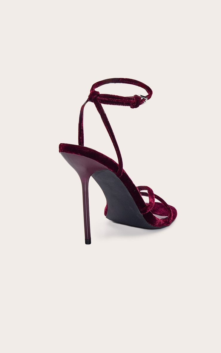 Burgundy Velvet Round Toe Asymmetric High Stiletto Heeled Sandals image 4