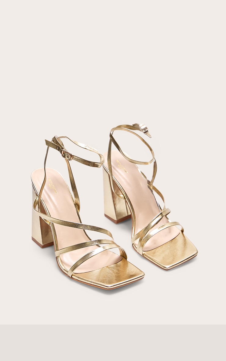 Gold Wide Fit Pu Square Toe Strappy Block Heeled Sandals image 2