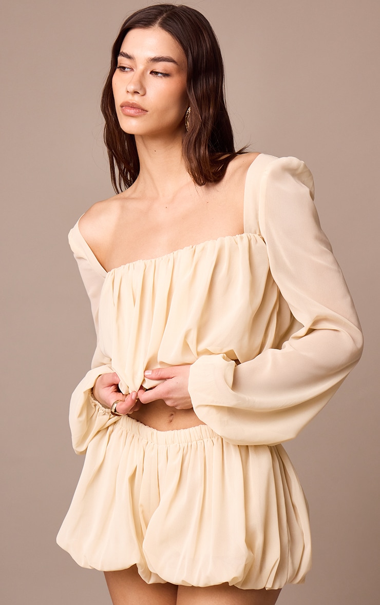 Almond Chiffon Ruched Long Sleeve Blouse image 4