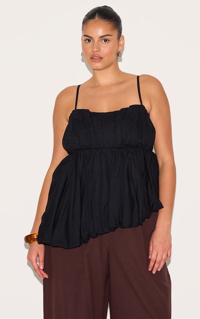 Plus Black Linen Look Puff Ball Asymmetric Cami
