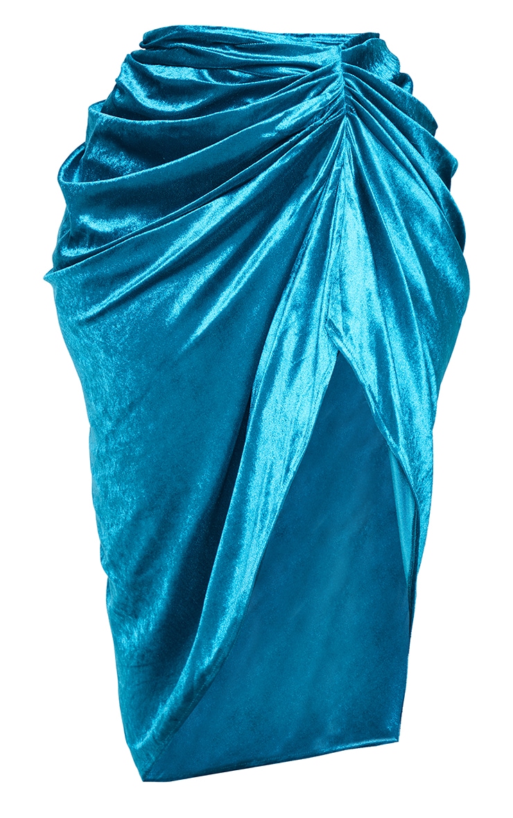 Plus Teal Velvet Ruched Side Midi Skirt image 5