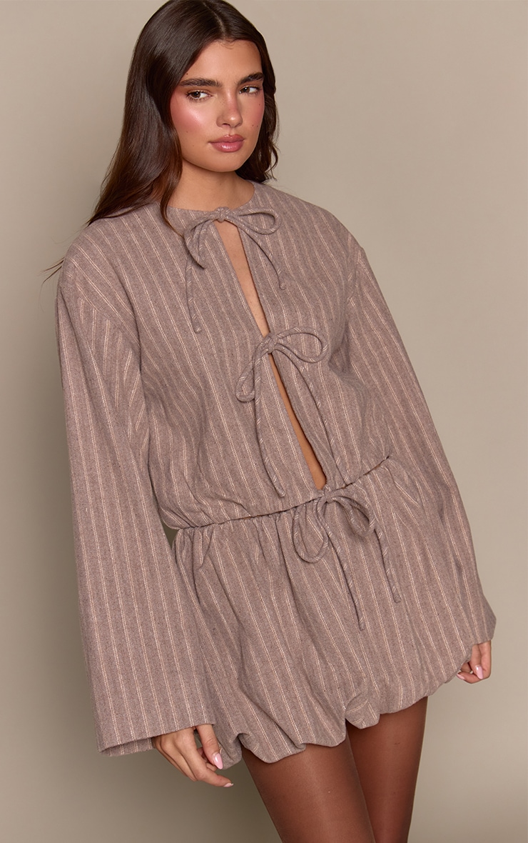 Beige Brushed Pinstripe Tie Front Blouse image 1