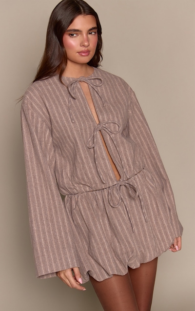 Beige Brushed Pinstripe Tie Front Blouse