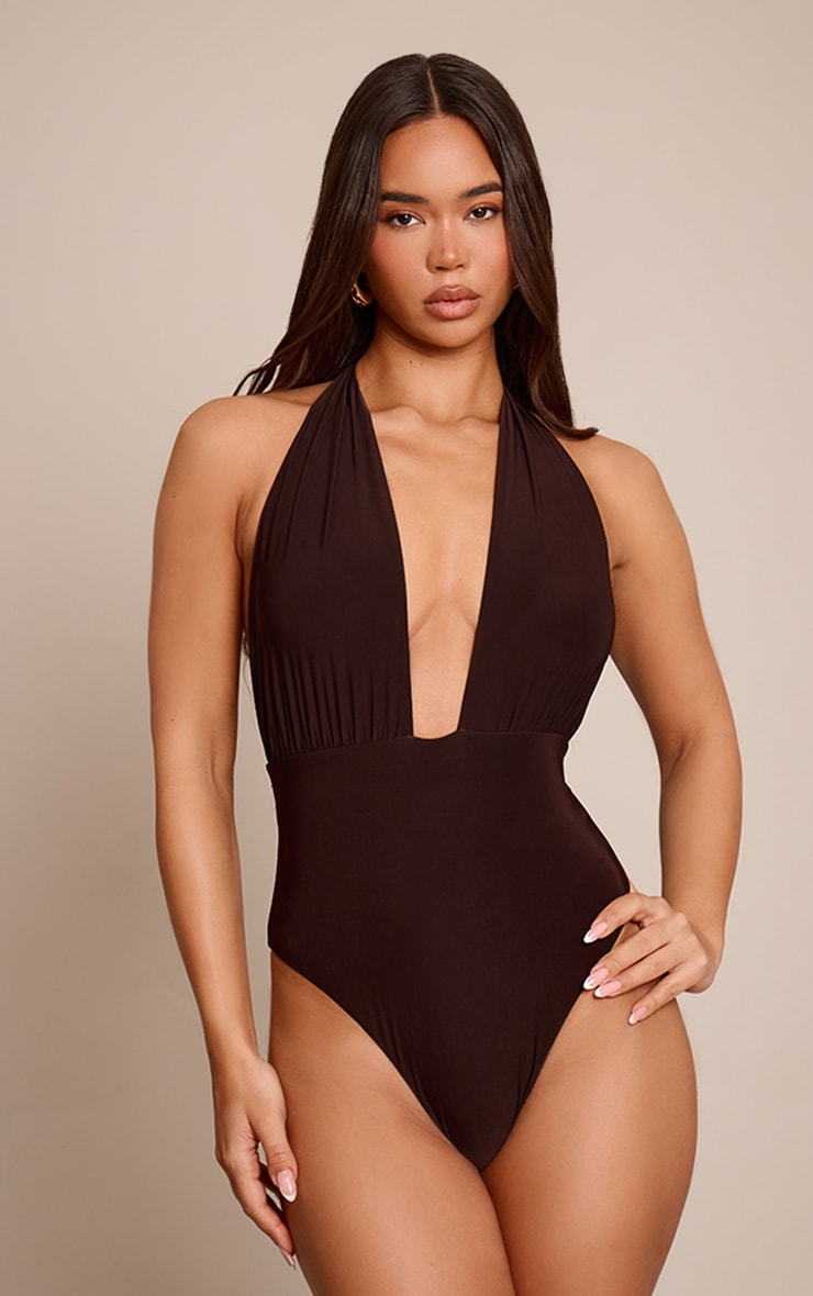 Chocolate Double Layer Slinky Plunge Detail Halter Neck Bodysuit image 2