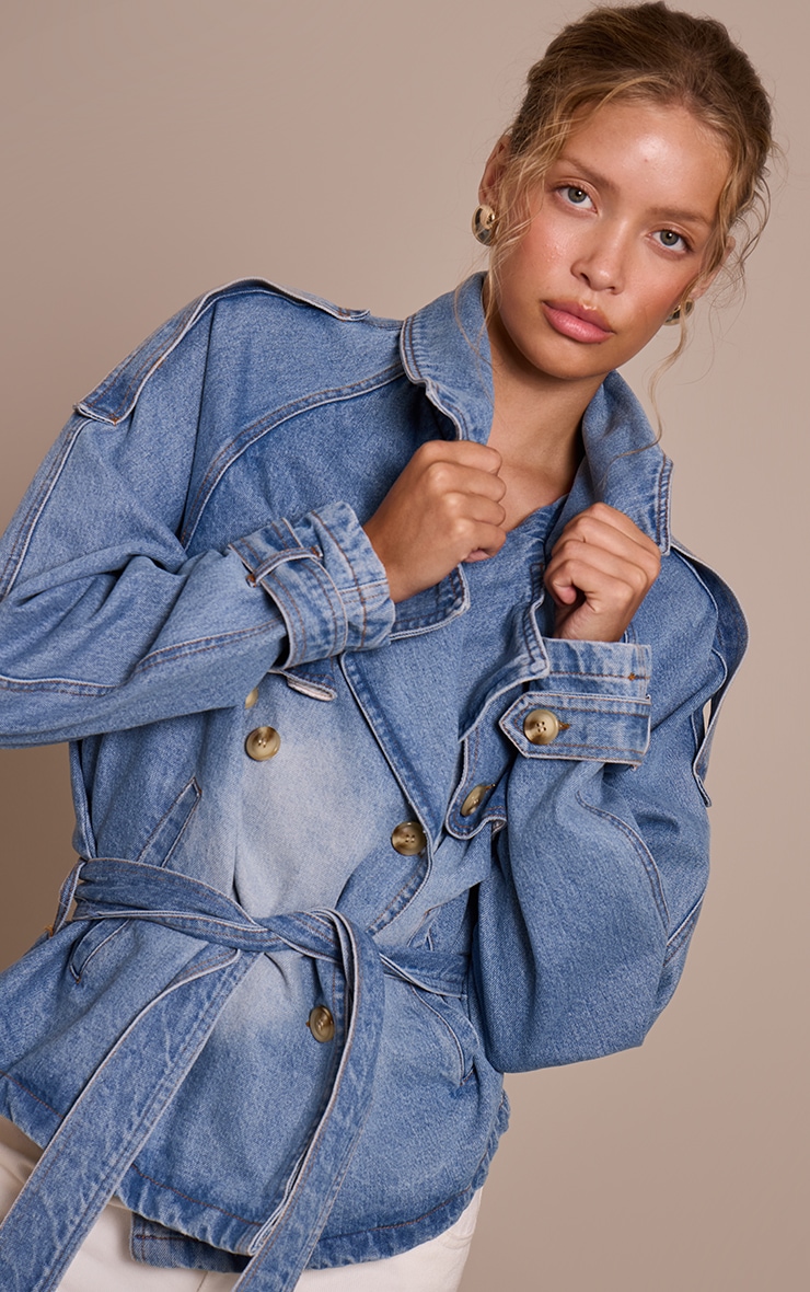 Mid Blue Wash Belted Cropped Button Detail Denim Trench image 1