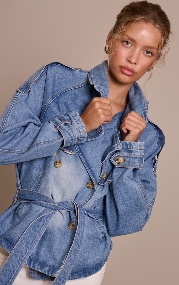 Mid Blue Wash Belted Cropped Button Detail Denim Trench