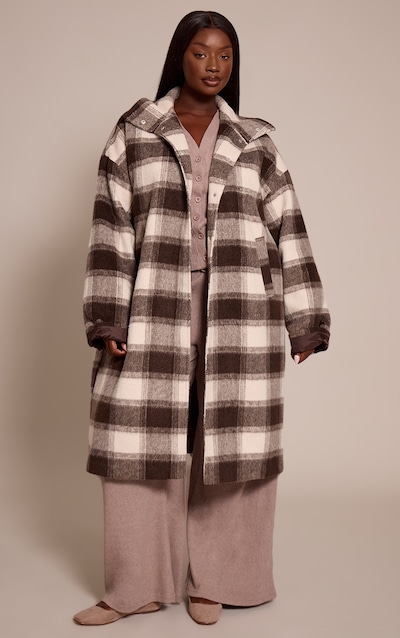 Plus Brown Checked Structured Double Breasted Wool Look Maxi Coat