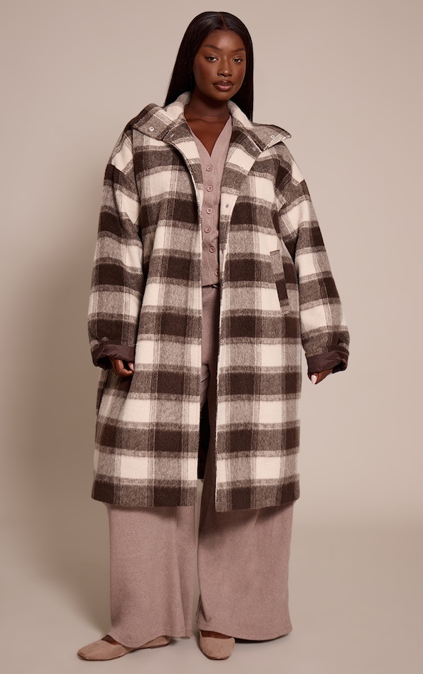 Plus Brown Checked Structured Double Breasted Wool Look Maxi Coat