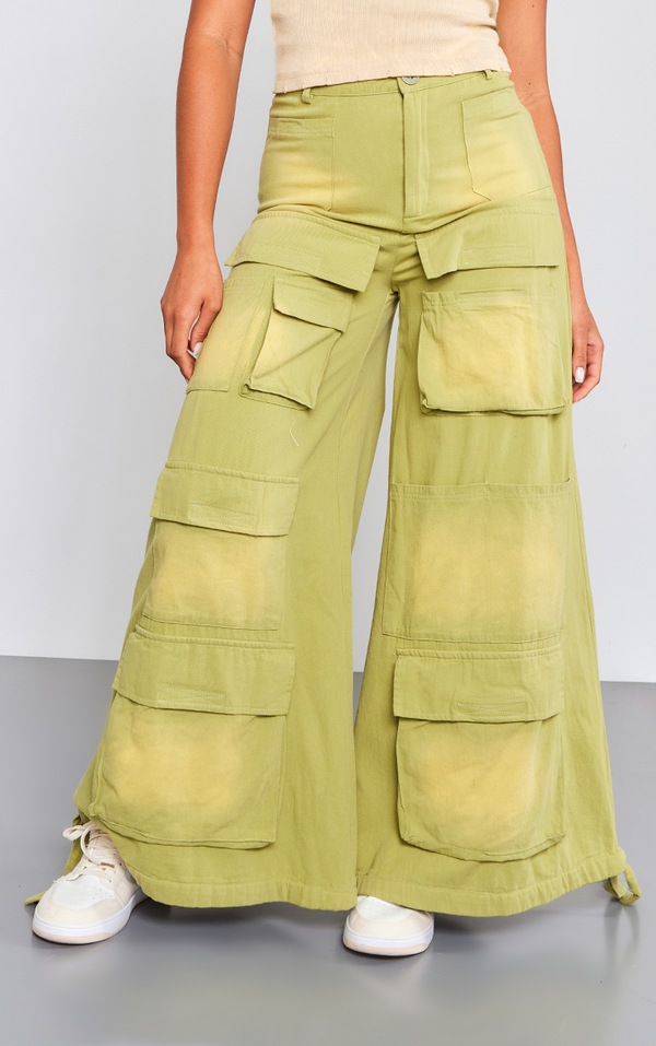 Sage Acid Wash Cargo Pants Denim PrettyLittleThing USA