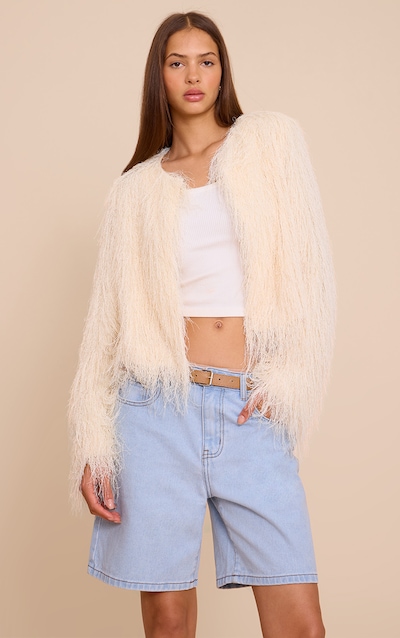 Cream Collarless Fringe Jacket