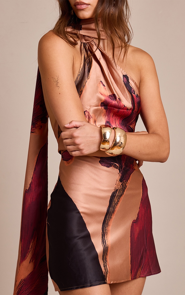 Burnt Orange Floral Printed Satin Mini Dress image 4