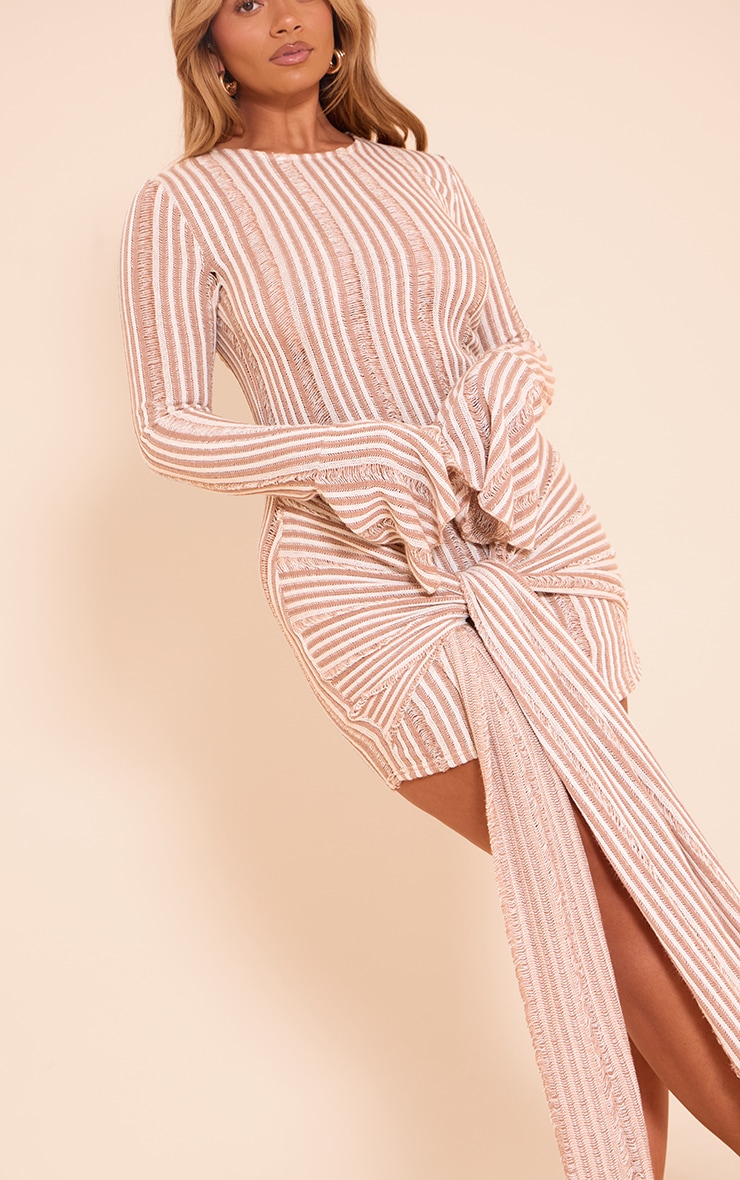 Shape Mocha Textured Long Sleeve Tie Waist Mini Dress image 4