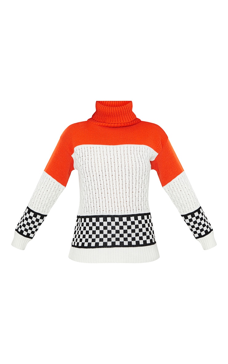 Orange Checkboard Colourblock Jumper PrettyLittleThing