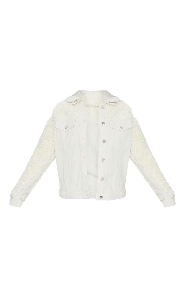 Cream Fur And Cord Denim Jacket Denim PrettyLittleThing
