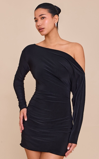 Black Double Layer Slinky Asymmetric Off The Shoulder Mini Dress