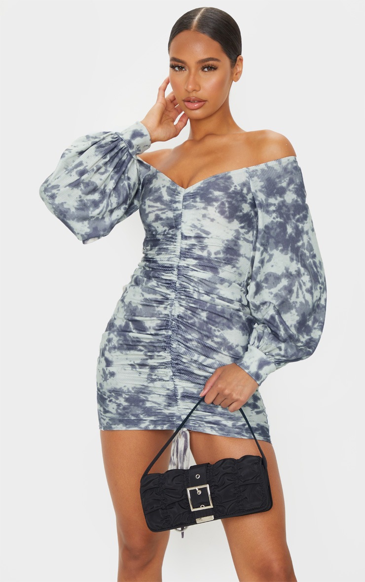 Blue Ribbed Bardot Balloon Sleeve Ruched Bodycon Dress