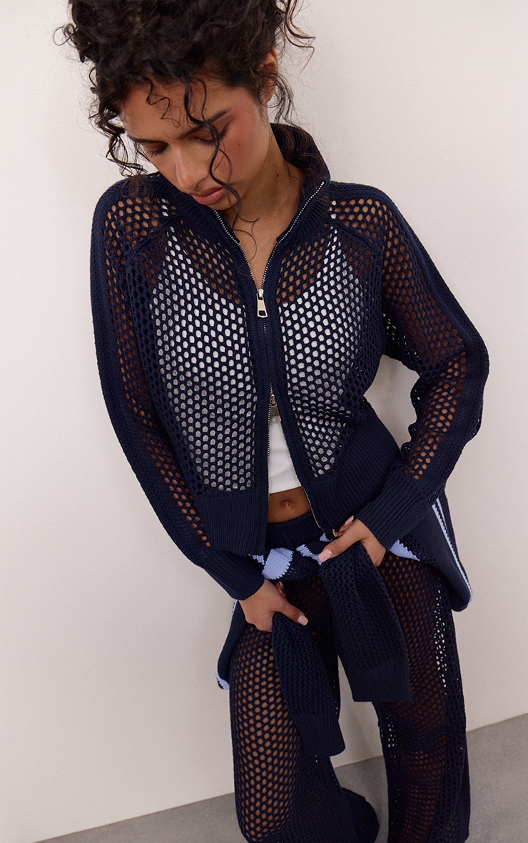 Navy Crochet Knit Stripe Detail Track Cardigan