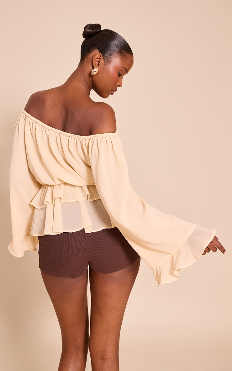 Cream Chiffon Bardot Frill Detail Long Sleeve Top image 2