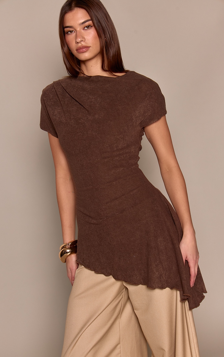 Chocolate Thick Brushed Jersey Aysemetric Long Top  image 1