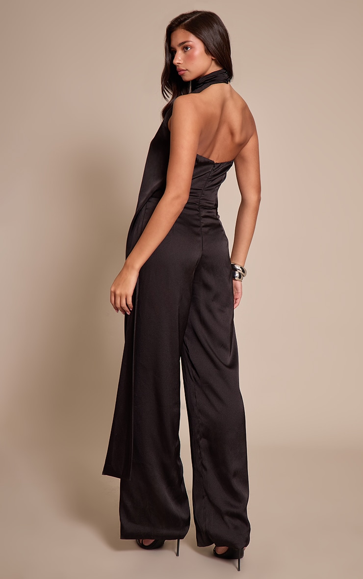 Black Satin Drape Wide Leg Jumpsuit image 2