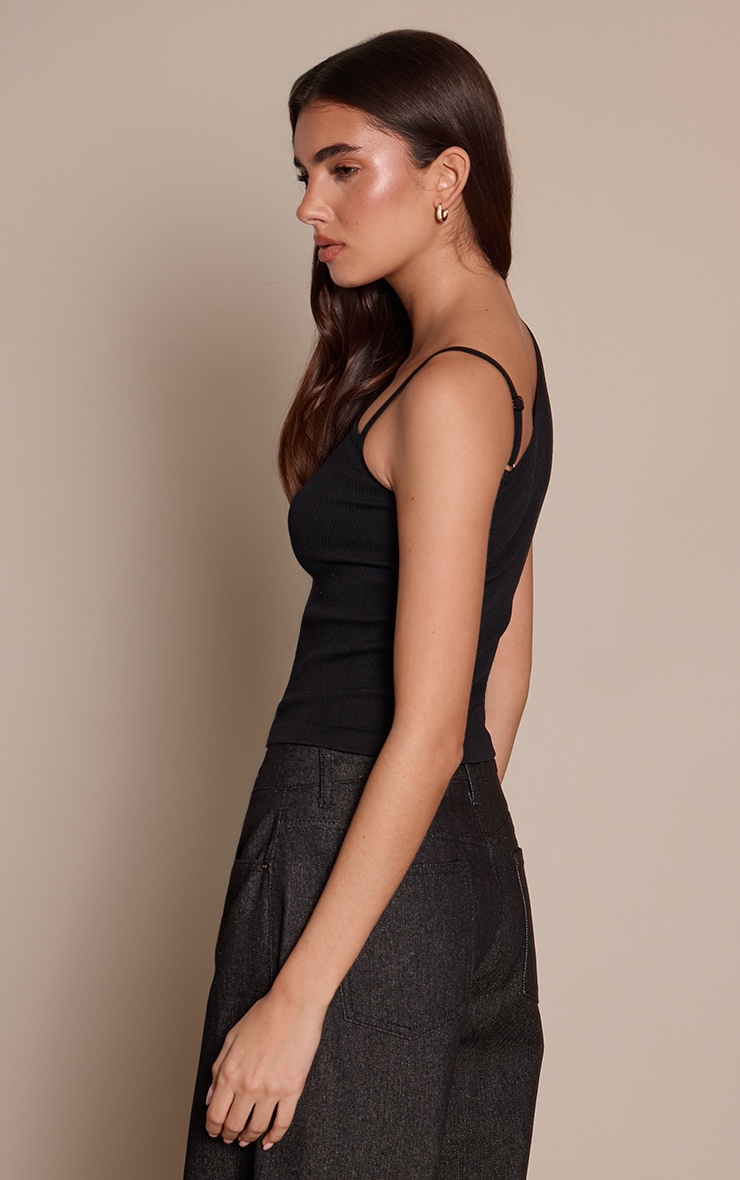Black Contour Rib Strap Detail Vest Top  image 2