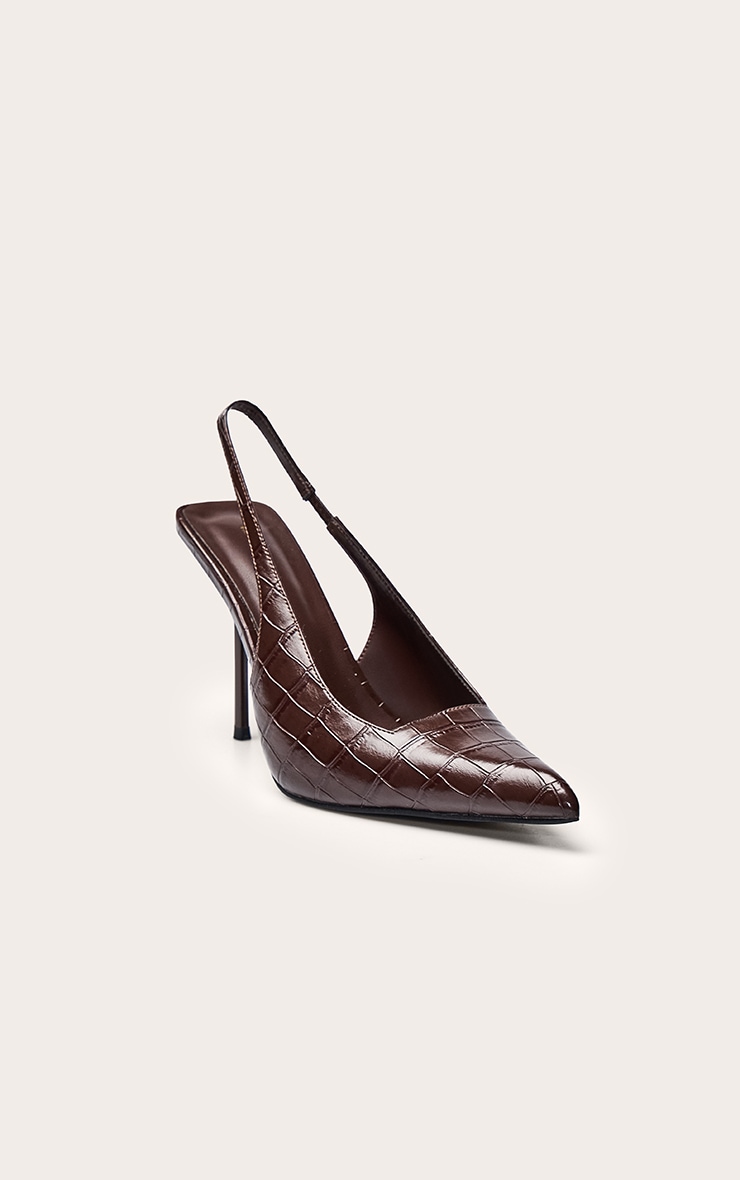 Chocolate Croc Heeled Sling Back Court Shoe image 3