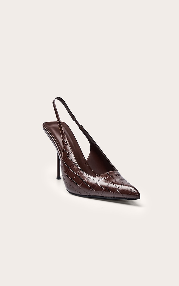 Chocolate Croc Heeled Sling Back Court Shoe