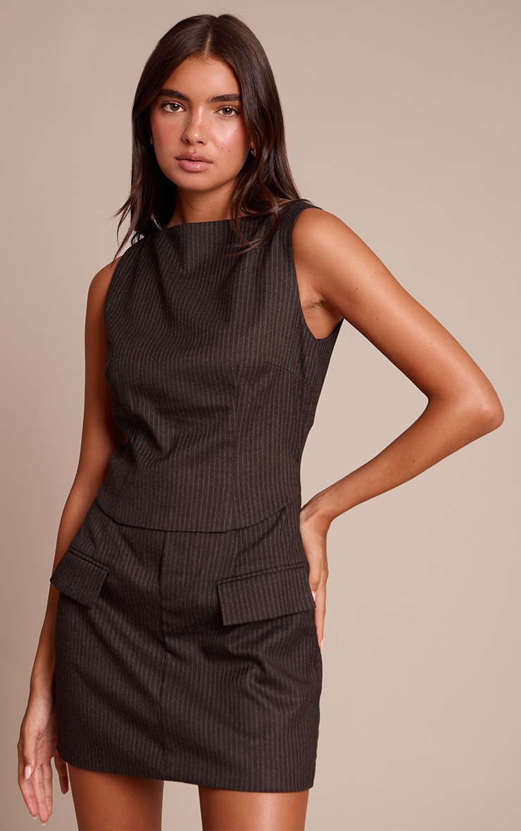 Black Pinstripe Overlay Detail Bodycon Dress image 1