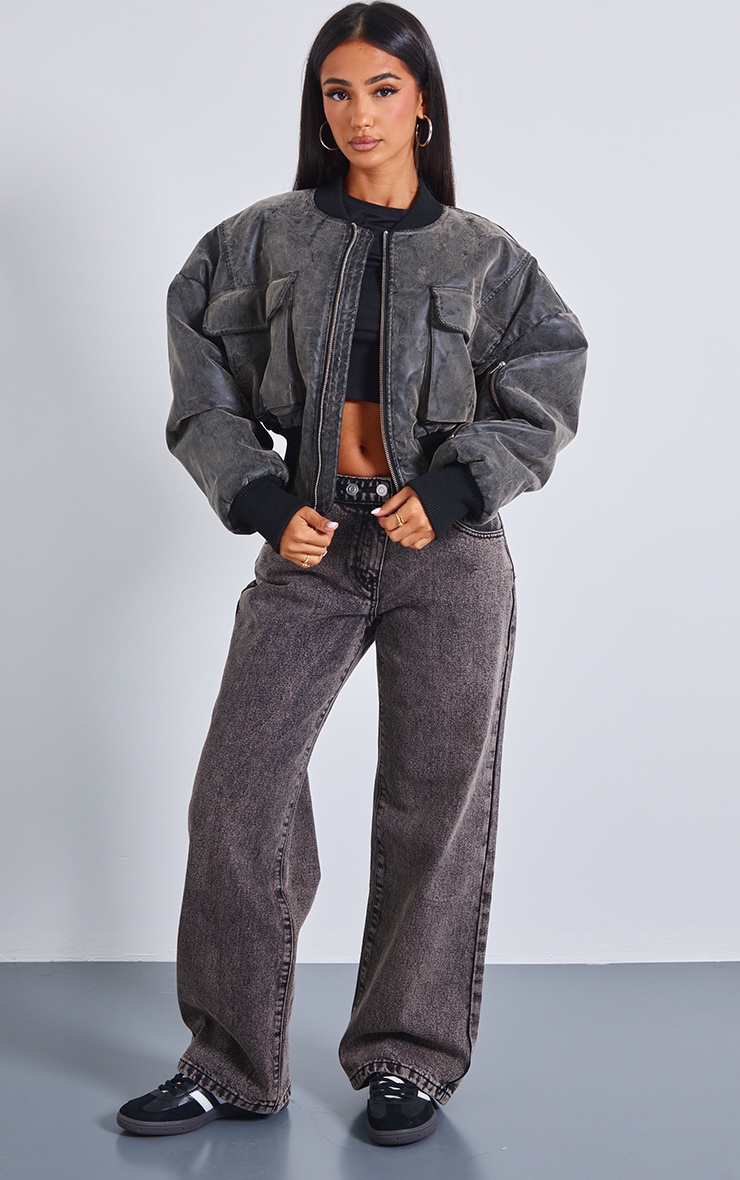 Petite Washed Black Pocket Detail Bomber Jacket image 3