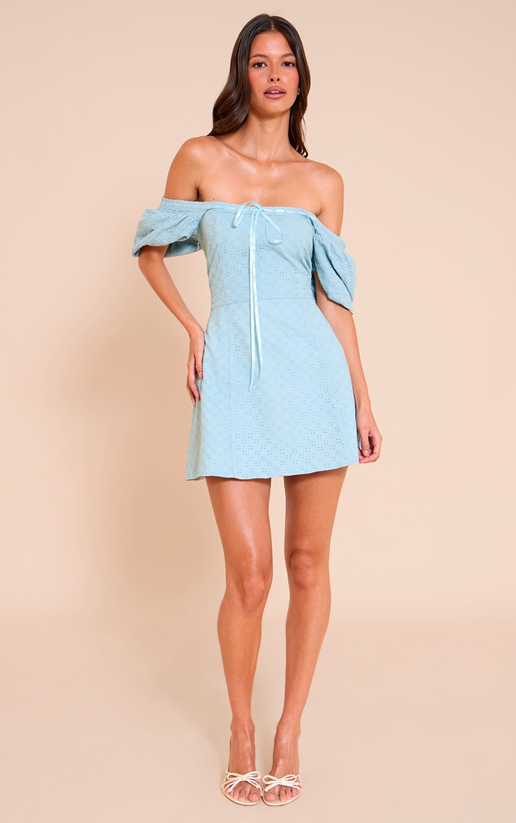 Baby Blue Broderie Puff Sleeve A-line Mini Dress image 3
