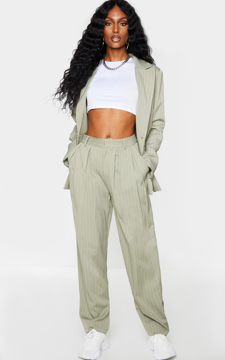 Sage Green Pinstripe Woven High Waisted Cigarette Pants