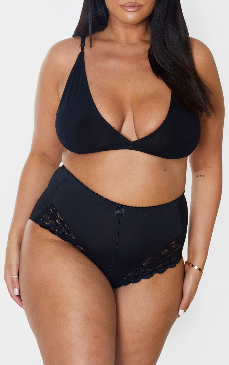 Plus Black High Waist Bow Detail Lace Trim Control Briefs
