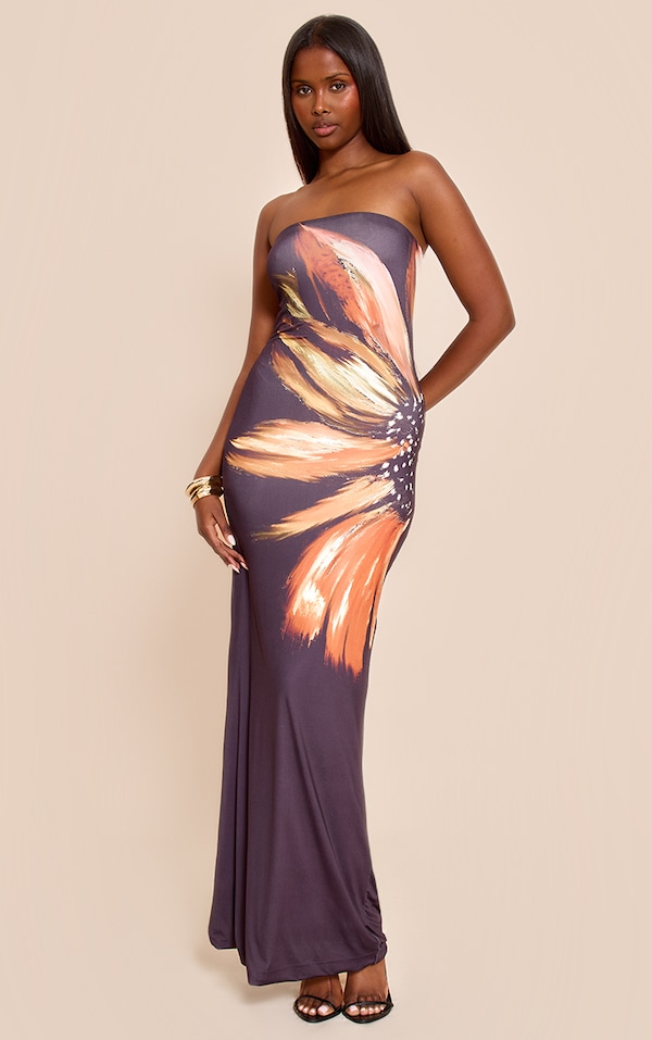 Robe bustier longue noire imprimé fleur