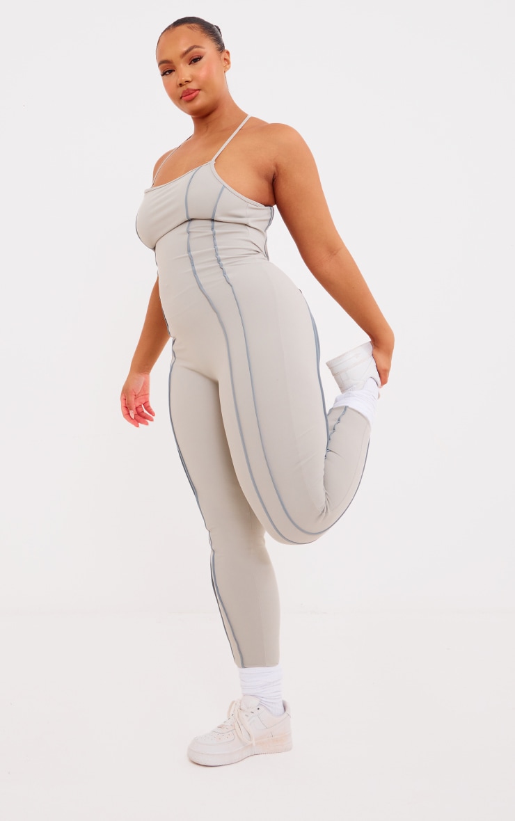 Plus Grey Sculpt Contrast Seam Strappy Long Unitard image 3