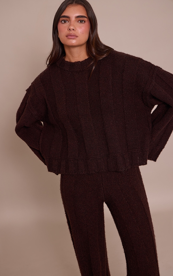 Dark Chocolate Thick Rib Knitted Crew Neck Jumper