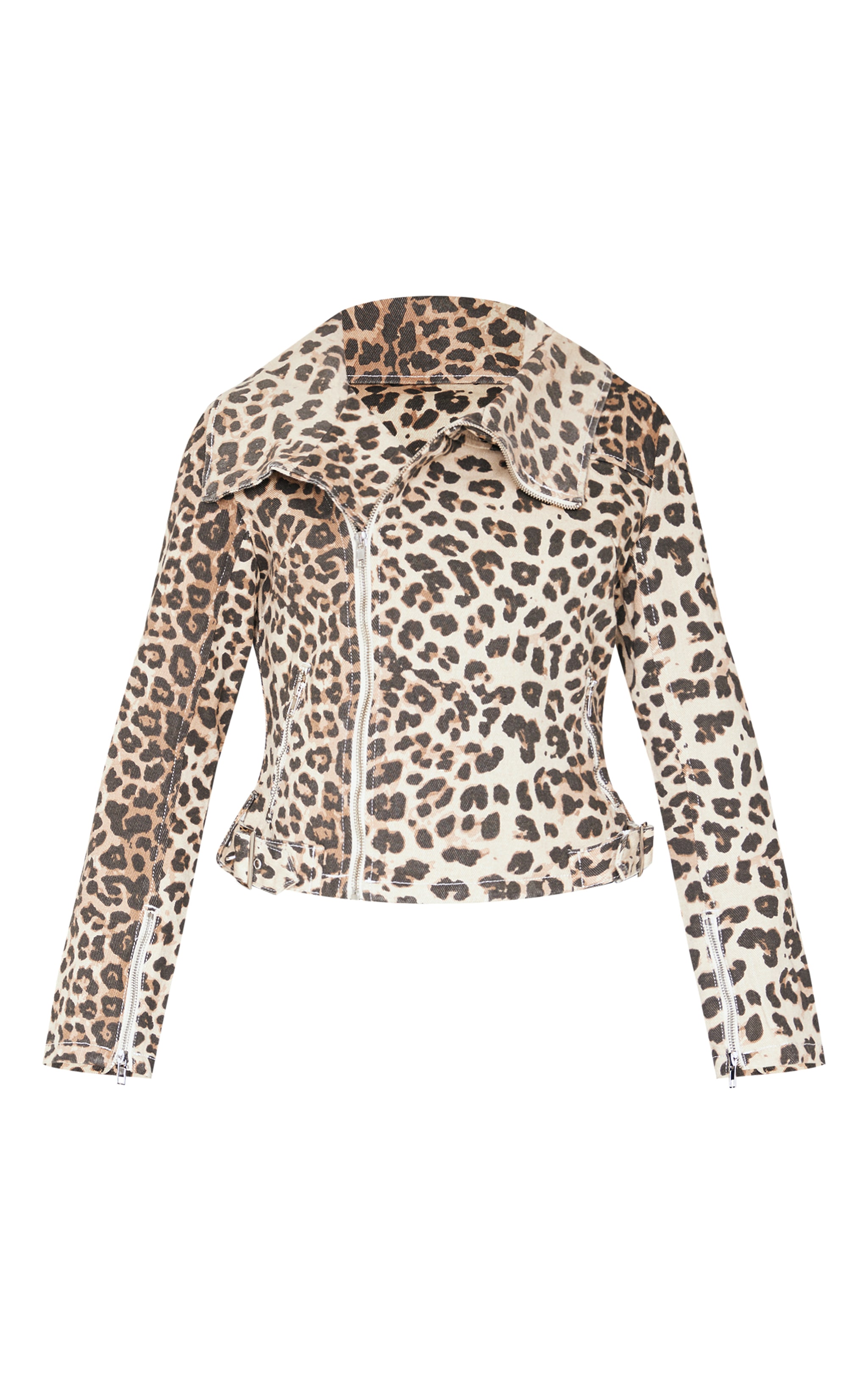 Light Brown Leopard Print Biker Style Denim Jacket image 5