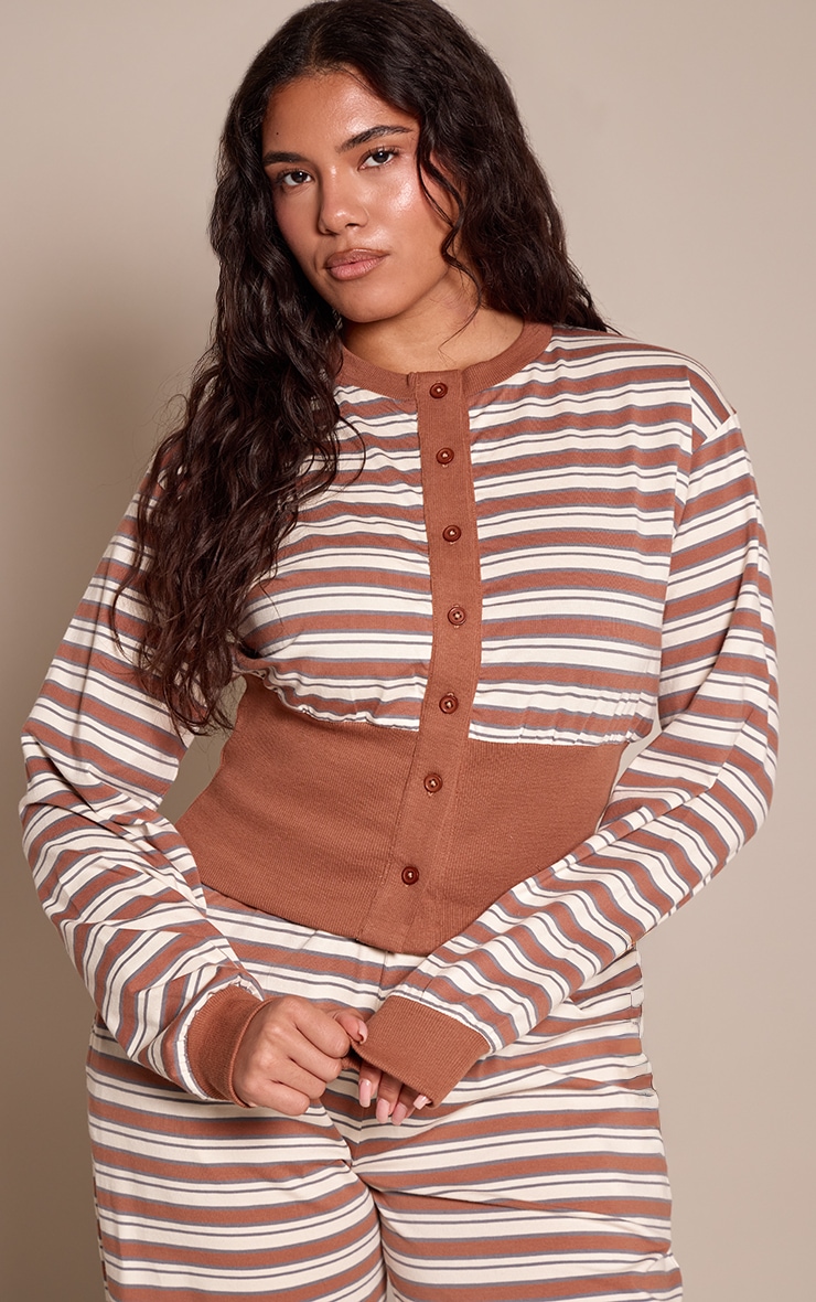Shape Chocolate Striped Button Through Ribbed Hem Top image 1