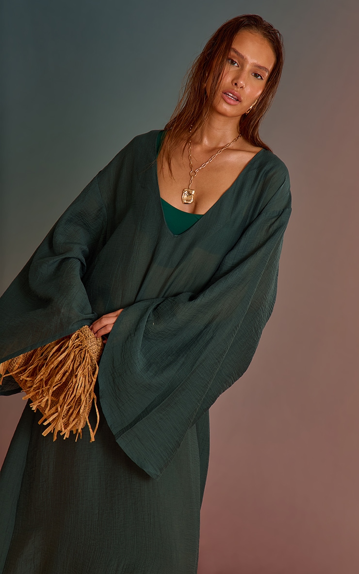 Sea Green Linen Look Oversized V Neck Maxi Beach Dress image 4