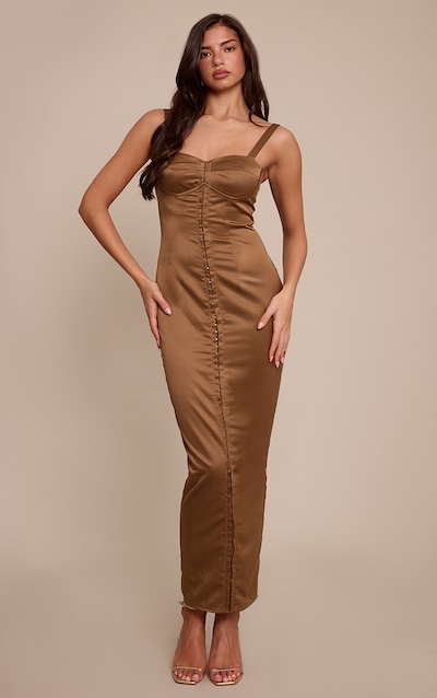 Dark Olive Satin Corset Midaxi Dress