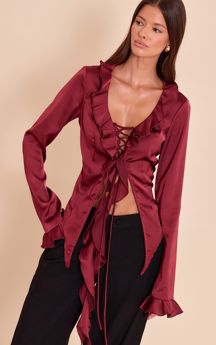 Dark Wine Satin Frill Tie Front Long Sleeve Top image 1