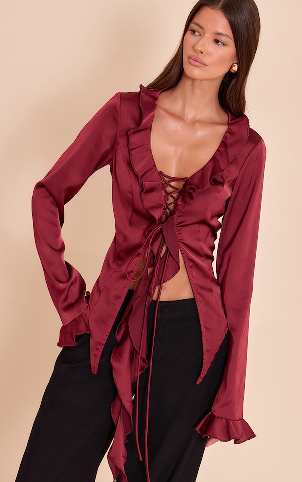 Dark Wine Satin Frill Tie Front Long Sleeve Top