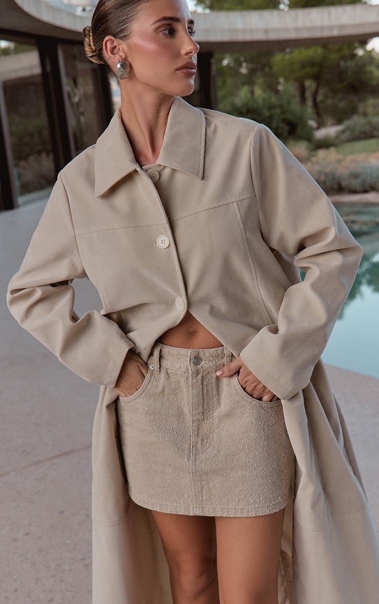Ecru Suede Longline Button Coat image 4