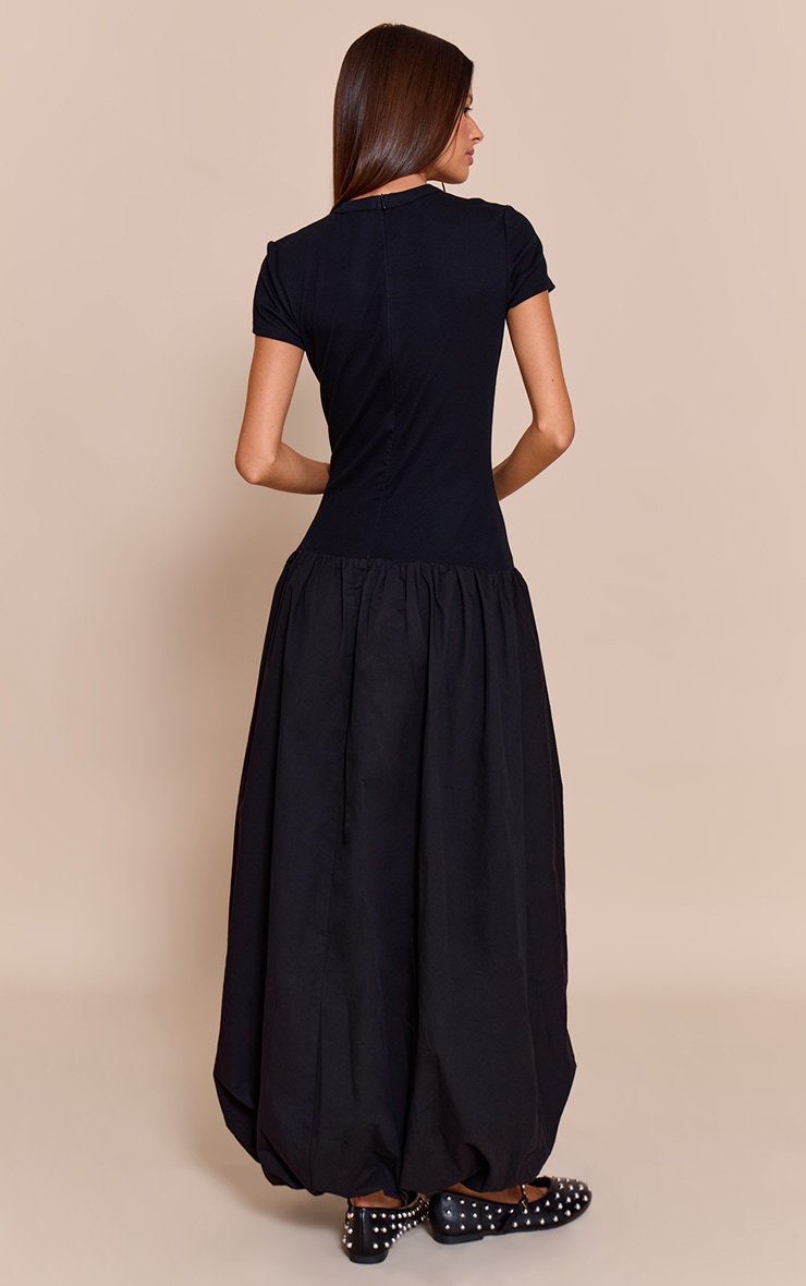 Black Dropped Waist T Shirt Puff Ball Hem Maxi Dress image 2